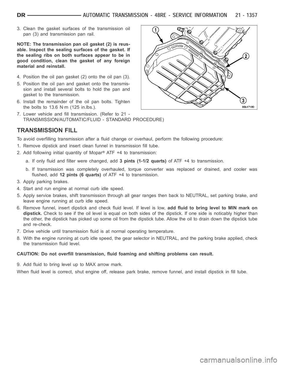 DODGE RAM SRT-10 2006  Service Repair Manual 3. Clean the gasket surfaces of the transmission oil
pan (3) and transmission pan rail.
NOTE: The transmission pan oil gasket (2) is reus-
able. Inspect the sealing surfaces of the gasket. If
the seal