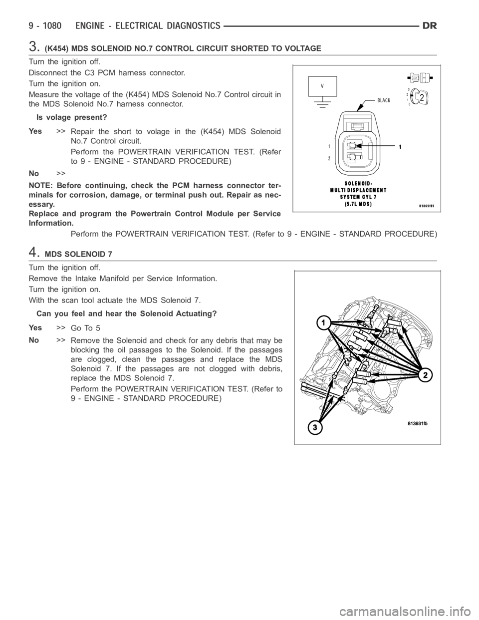 DODGE RAM SRT-10 2006  Service Repair Manual 3.(K454) MDS SOLENOID NO.7 CONTROL CIRCUIT SHORTED TO VOLTAGE
Turn the ignition off.
Disconnect the C3 PCM harness connector.
Turn the ignition on.
Measure the voltage of the (K454) MDS Solenoid No.7 