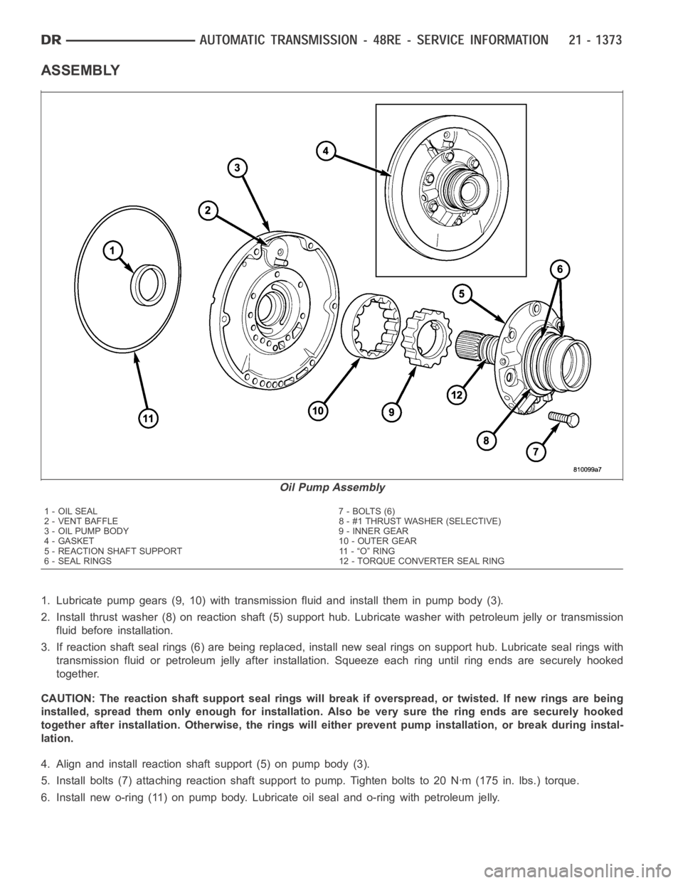 DODGE RAM SRT-10 2006  Service Repair Manual ASSEMBLY
1. Lubricate pump gears (9, 10) with transmission fluid and install them inpump body (3).
2. Install thrust washer (8) on reaction shaft (5) support hub. Lubricate washer with petroleum jelly