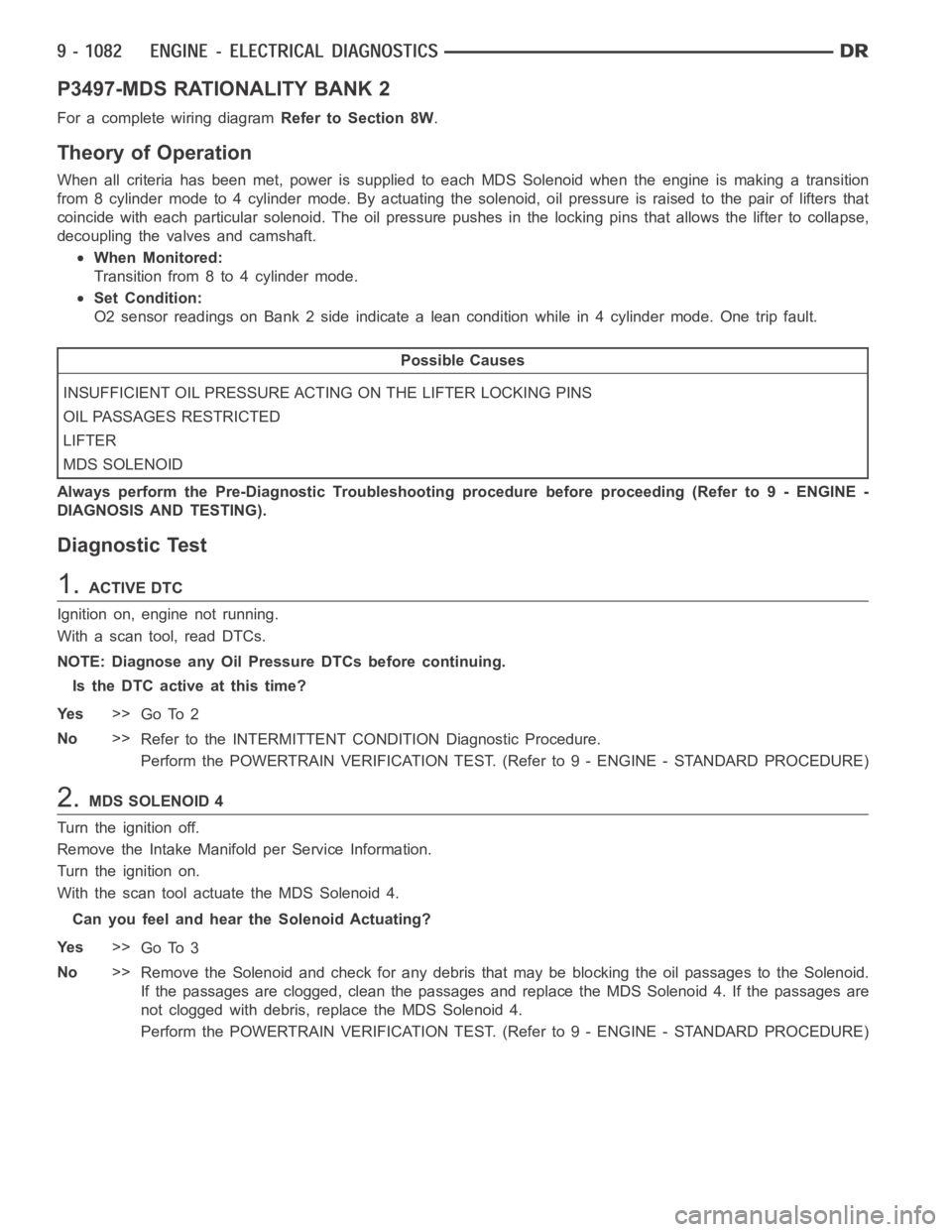 DODGE RAM SRT-10 2006 Service Repair Manual P3497-MDS RATIONALITY BANK 2
For a complete wiring diagramRefer to Section 8W.
Theory of Operation
When all criteria has been met, power is supplied to each MDS Solenoid when the engine is making a tr DODGE RAM SRT-10 2006 Service Repair Manual P3497-MDS RATIONALITY BANK 2
For a complete wiring diagramRefer to Section 8W.
Theory of Operation
When all criteria has been met, power is supplied to each MDS Solenoid when the engine is making a tr
