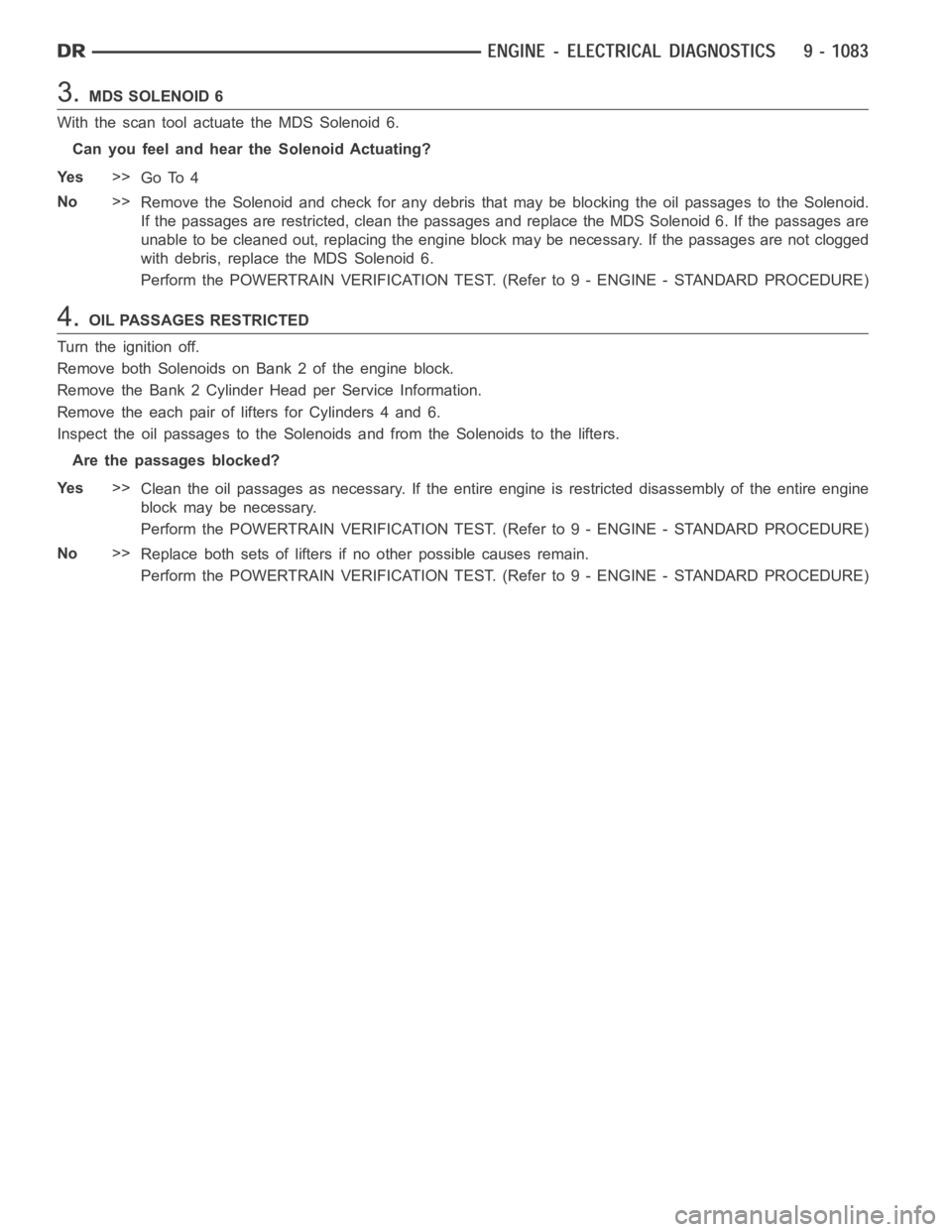 DODGE RAM SRT-10 2006  Service Repair Manual 3.MDS SOLENOID 6
With the scan tool actuate the MDS Solenoid 6.
Can you feel and hear the Solenoid Actuating?
Ye s>>
Go To 4
No>>
Remove the Solenoid and check for any debris that may be blocking the 
