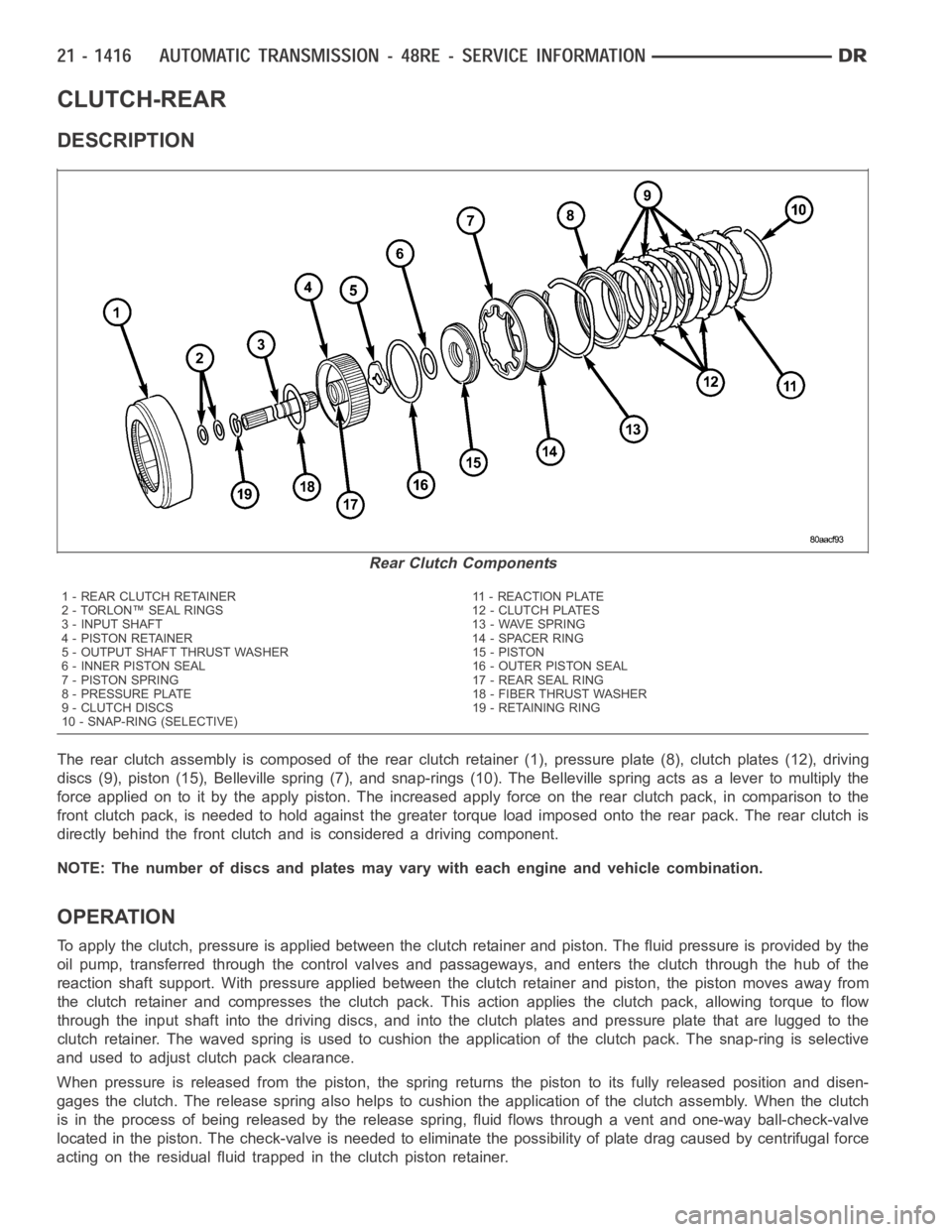 DODGE RAM SRT-10 2006  Service Repair Manual CLUTCH-REAR
DESCRIPTION
The rear clutch assembly is composed of the rear clutch retainer (1), pressure plate (8), clutch plates (12), driving
discs (9), piston (15), Belleville spring (7), and snap-ri