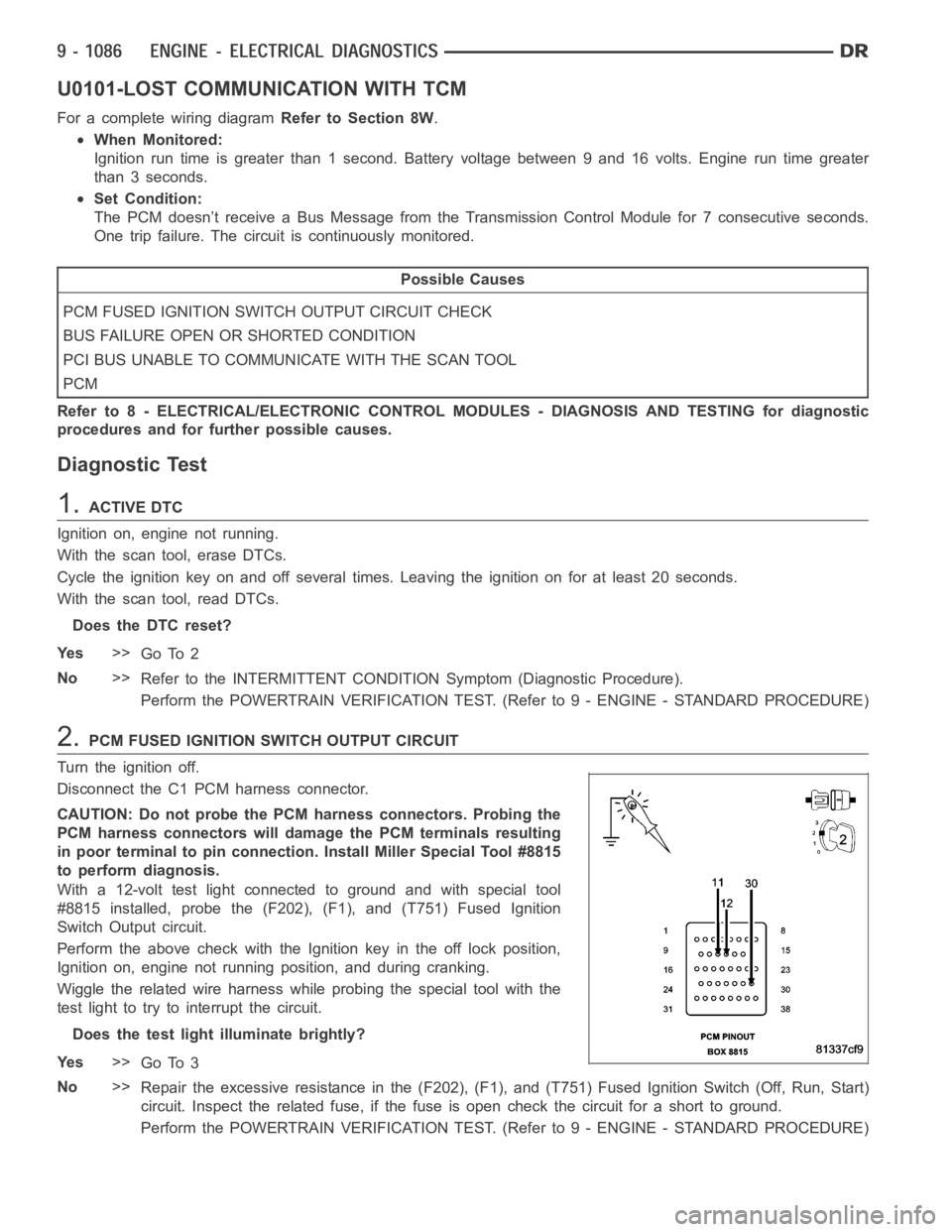 DODGE RAM SRT-10 2006 Service Repair Manual U0101-LOST COMMUNICATION WITH TCM
For a complete wiring diagramRefer to Section 8W.
When Monitored:
Ignition run time is greater than 1 second. Battery voltage between 9 and 16volts. Engine run time g DODGE RAM SRT-10 2006 Service Repair Manual U0101-LOST COMMUNICATION WITH TCM
For a complete wiring diagramRefer to Section 8W.
When Monitored:
Ignition run time is greater than 1 second. Battery voltage between 9 and 16volts. Engine run time g