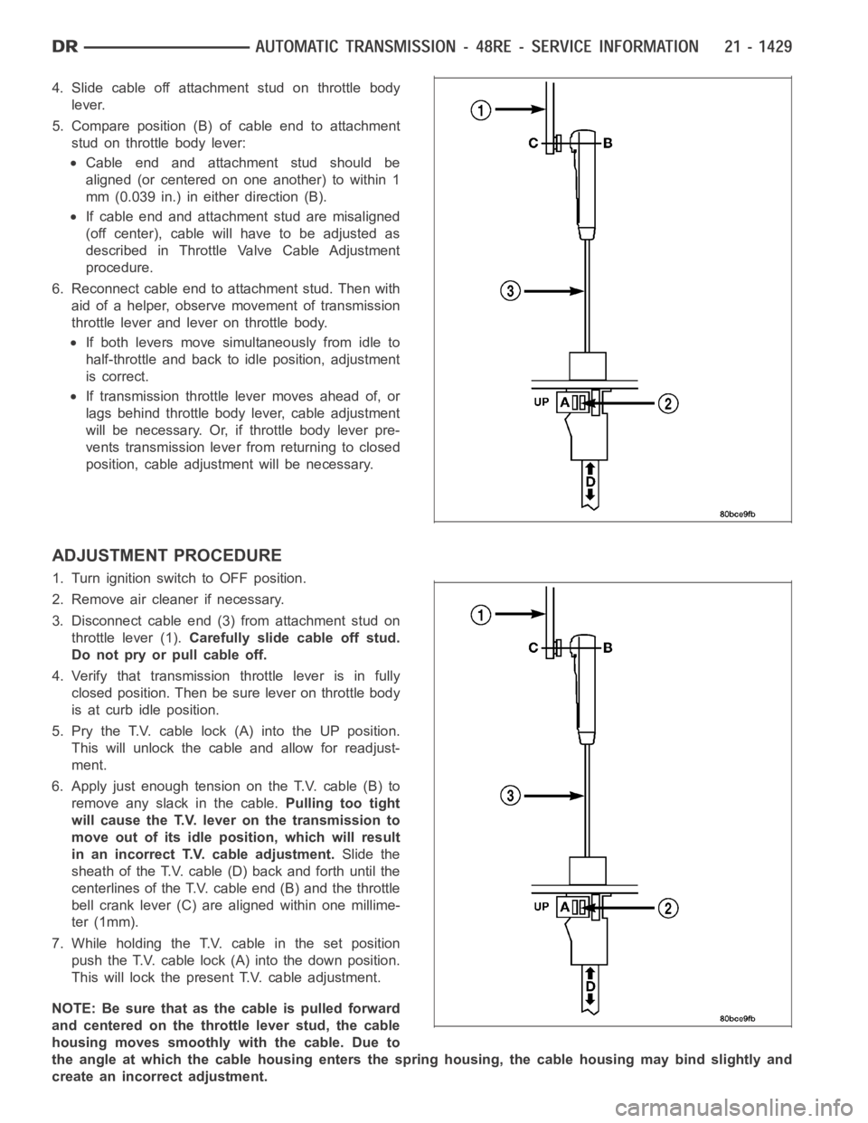 DODGE RAM SRT-10 2006  Service Repair Manual 4. Slide cable off attachment stud on throttle body
lever.
5. Compare position (B) of cable end to attachment
stud on throttle body lever:
Cable end and attachment stud should be
aligned (or centered 