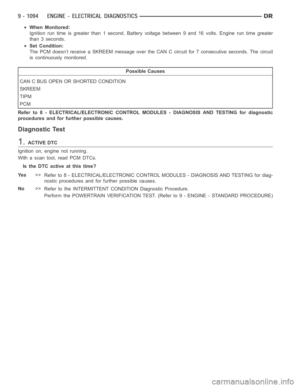 DODGE RAM SRT-10 2006  Service Repair Manual When Monitored:
Ignition run time is greater than 1 second. Battery voltage between 9 and 16volts. Engine run time greater
than 3 seconds.
Set Condition:
The PCM doesn’t receive a SKREEM message ove