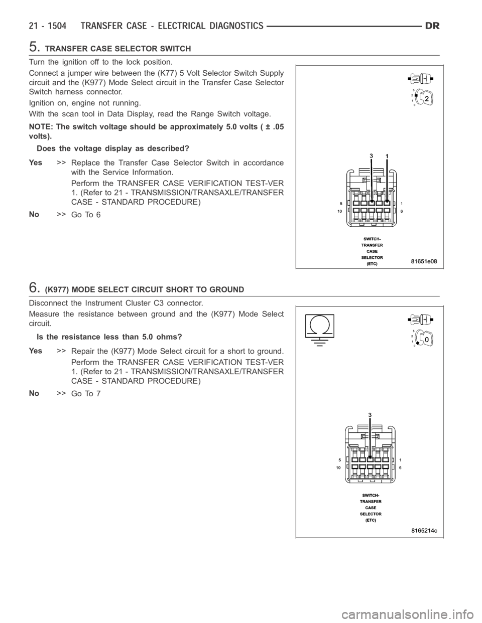 DODGE RAM SRT-10 2006  Service Repair Manual 5.TRANSFER CASE SELECTOR SWITCH
Turn the ignition off to the lock position.
Connect a jumper wire between the (K77) 5 Volt Selector Switch Supply
circuit and the (K977) Mode Select circuit in the Tran