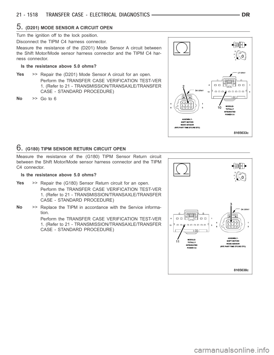 DODGE RAM SRT-10 2006 Service Repair Manual 5.(D201) MODE SENSOR A CIRCUIT OPEN
Turn the ignition off to the lock position.
Disconnect the TIPM C4 harness connector.
Measure the resistance of the (D201) Mode Sensor A circuit between
the Shift M DODGE RAM SRT-10 2006 Service Repair Manual 5.(D201) MODE SENSOR A CIRCUIT OPEN
Turn the ignition off to the lock position.
Disconnect the TIPM C4 harness connector.
Measure the resistance of the (D201) Mode Sensor A circuit between
the Shift M