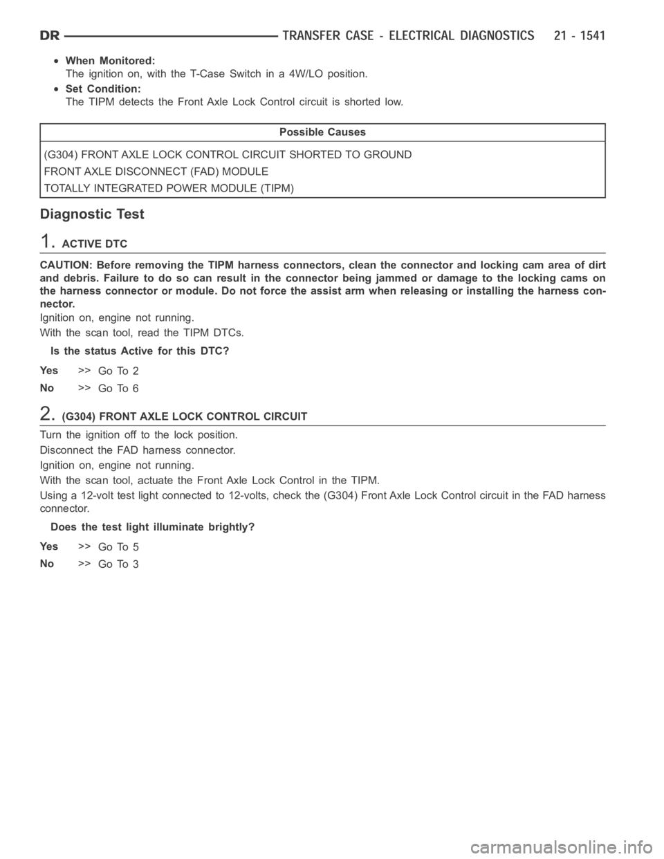 DODGE RAM SRT-10 2006  Service Repair Manual When Monitored:
The ignition on, with the T-Case Switch in a 4W/LO position.
Set Condition:
The TIPM detects the Front Axle Lock Control circuit is shorted low.
Possible Causes
(G304) FRONT AXLE LOCK 