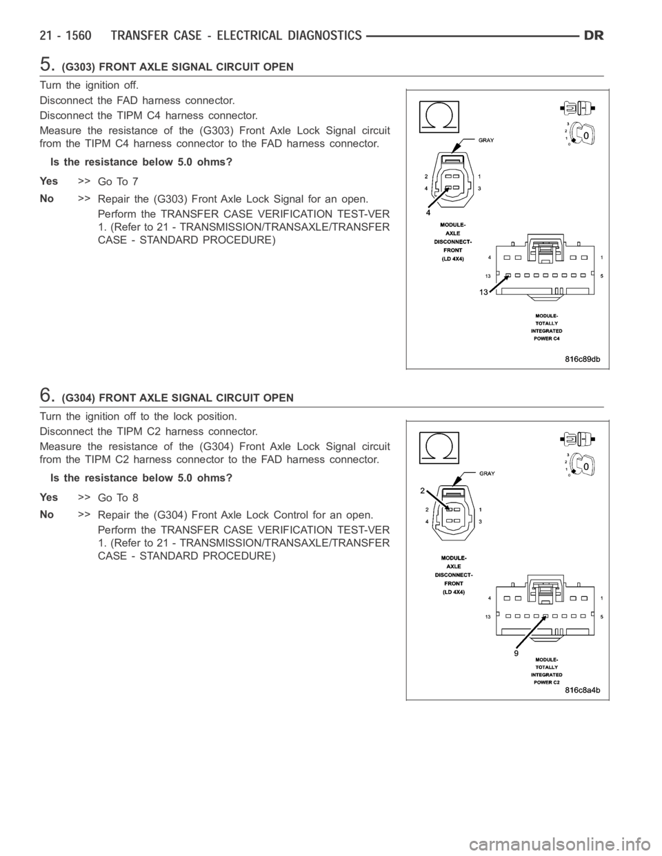 DODGE RAM SRT-10 2006  Service Repair Manual 5.(G303) FRONT AXLE SIGNAL CIRCUIT OPEN
Turn the ignition off.
Disconnect the FAD harness connector.
Disconnect the TIPM C4 harness connector.
Measure the resistance of the (G303) Front Axle Lock Sign
