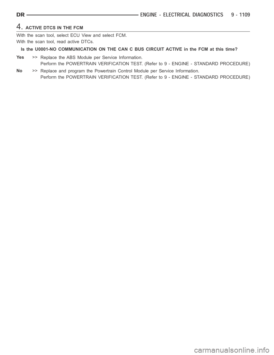 DODGE RAM SRT-10 2006 Service Repair Manual 4.ACTIVE DTCS IN THE FCM
With the scan tool, select ECU View and select FCM.
With the scan tool, read active DTCs.
Is the U0001-NO COMMUNICATION ON THE CAN C BUS CIRCUIT ACTIVE in the FCM at this time DODGE RAM SRT-10 2006 Service Repair Manual 4.ACTIVE DTCS IN THE FCM
With the scan tool, select ECU View and select FCM.
With the scan tool, read active DTCs.
Is the U0001-NO COMMUNICATION ON THE CAN C BUS CIRCUIT ACTIVE in the FCM at this time