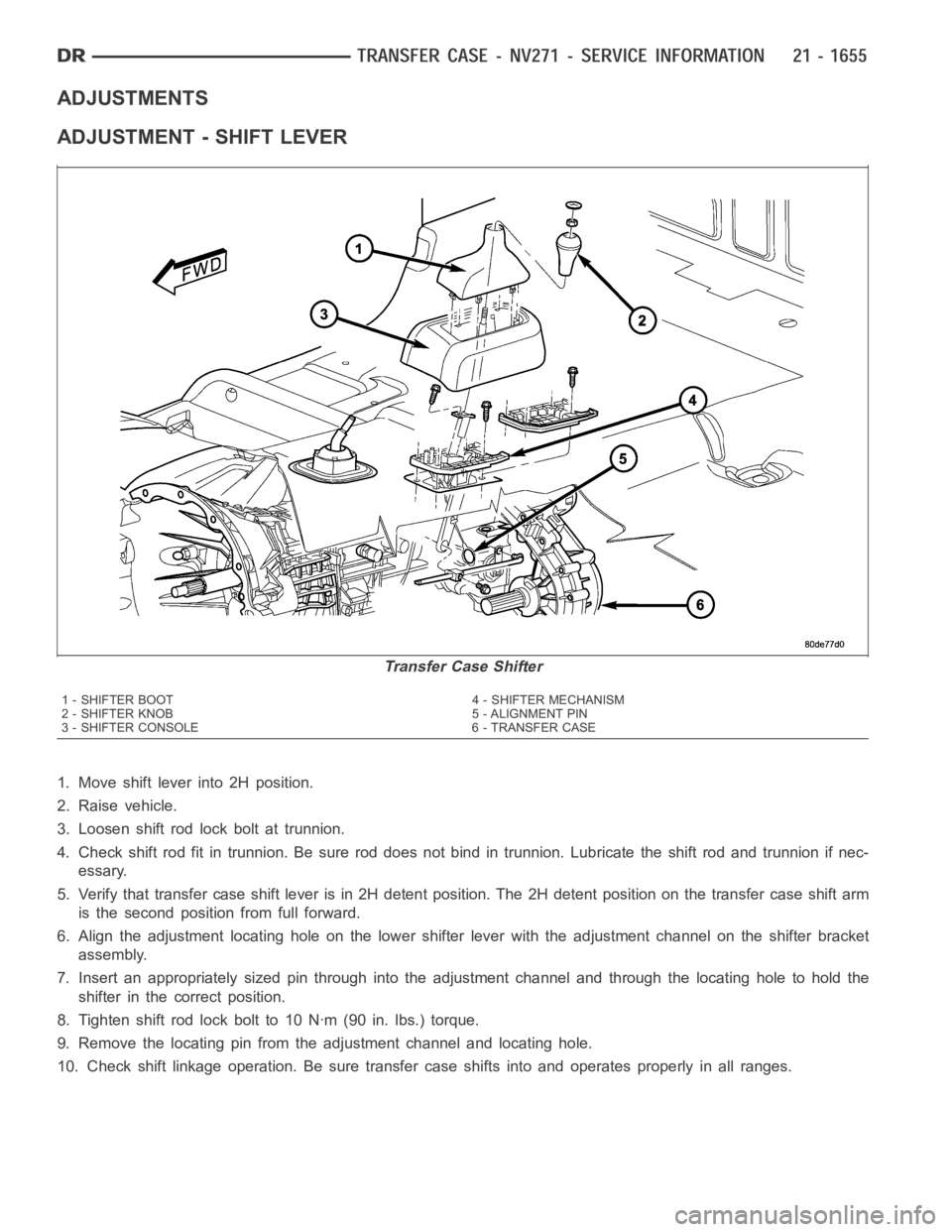 DODGE RAM SRT-10 2006 Service Repair Manual ADJUSTMENTS
ADJUSTMENT - SHIFT LEVER
1. Move shift lever into 2H position.
2. Raise vehicle.
3. Loosen shift rod lock bolt at trunnion.
4. Check shift rod fit in trunnion. Be sure rod does not bind in DODGE RAM SRT-10 2006 Service Repair Manual ADJUSTMENTS
ADJUSTMENT - SHIFT LEVER
1. Move shift lever into 2H position.
2. Raise vehicle.
3. Loosen shift rod lock bolt at trunnion.
4. Check shift rod fit in trunnion. Be sure rod does not bind in