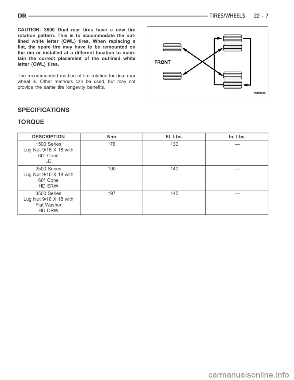 DODGE RAM SRT-10 2006  Service Repair Manual CAUTION: 3500 Dual rear tires have a new tire
rotation pattern. This is to accommodate the out-
lined white letter (OWL) tires. When replacing a
flat, the spare tire may have to be remounted on
the ri