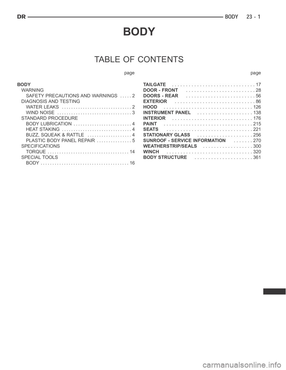 DODGE RAM SRT-10 2006  Service Repair Manual BODY
TABLE OF CONTENTS
page page
BODY
WARNING
SAFETY PRECAUTIONS AND WARNINGS ..... 2
DIAGNOSIS AND TESTING
WATER LEAKS .............................. 2
WIND NOISE ................................ 3
S