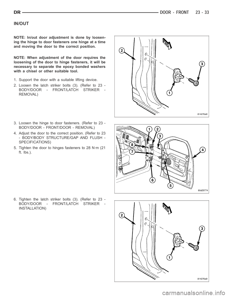 DODGE RAM SRT-10 2006 Service Repair Manual IN/OUT
NOTE: In/out door adjustment is done by loosen-
ing the hinge to door fasteners one hinge at a time
and moving the door to the correct position.
NOTE: When adjustment of the door requires the
l DODGE RAM SRT-10 2006 Service Repair Manual IN/OUT
NOTE: In/out door adjustment is done by loosen-
ing the hinge to door fasteners one hinge at a time
and moving the door to the correct position.
NOTE: When adjustment of the door requires the
l
