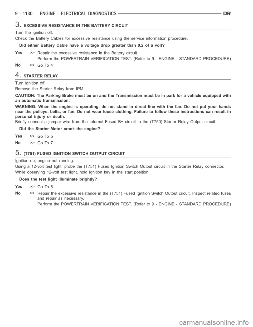 DODGE RAM SRT-10 2006  Service Repair Manual 3.EXCESSIVE RESISTANCE IN THE BATTERY CIRCUIT
Turn the ignition off.
Check the Battery Cables for excessive resistance using the service information procedure.
Did either Battery Cable have a voltage 