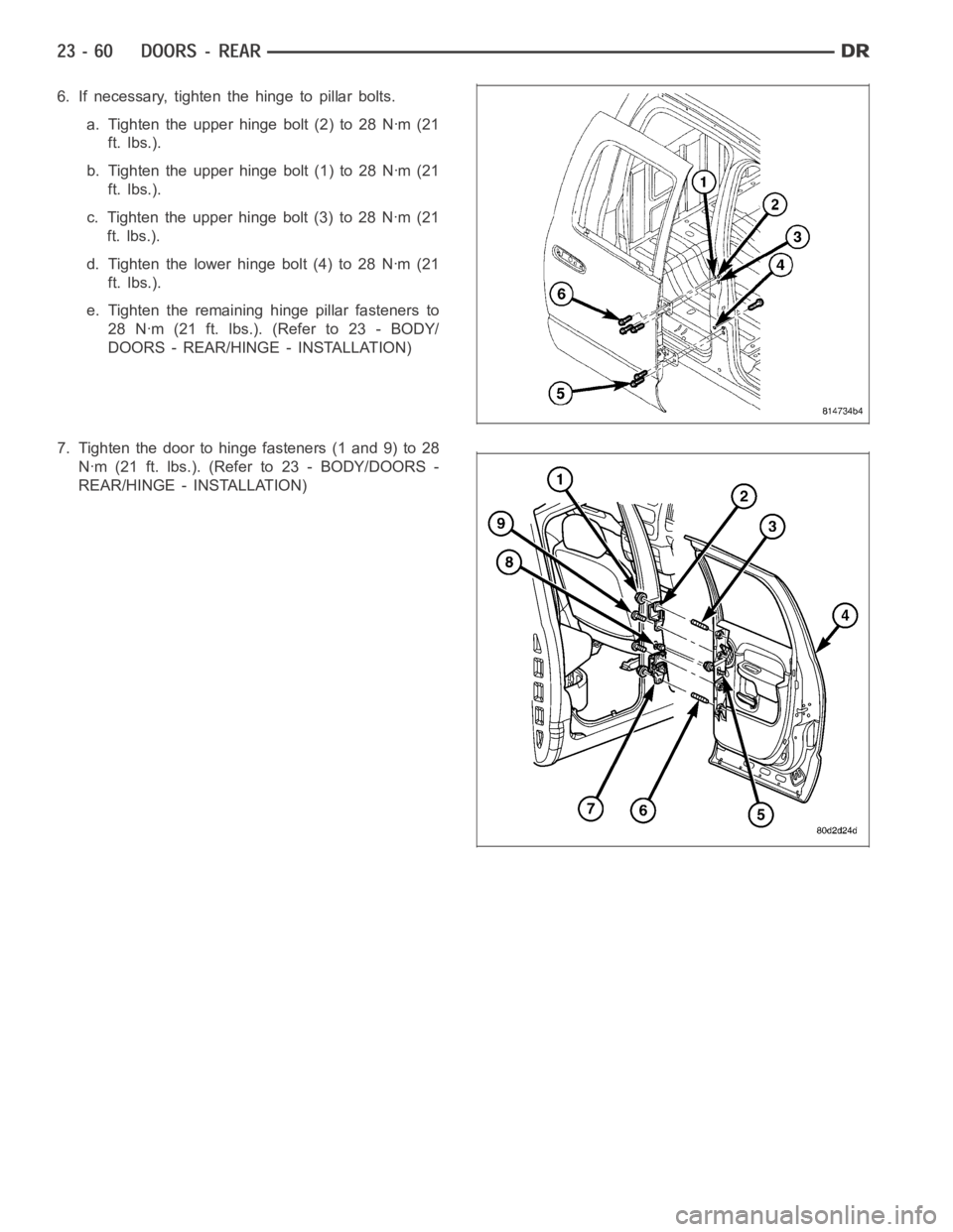 DODGE RAM SRT-10 2006 Service Repair Manual 6. If necessary, tighten the hinge to pillar bolts.
a. Tighten the upper hinge bolt (2) to 28 Nꞏm (21
ft. lbs.).
b. Tighten the upper hinge bolt (1) to 28 Nꞏm (21
ft. lbs.).
c. Tighten the upper h DODGE RAM SRT-10 2006 Service Repair Manual 6. If necessary, tighten the hinge to pillar bolts.
a. Tighten the upper hinge bolt (2) to 28 Nꞏm (21
ft. lbs.).
b. Tighten the upper hinge bolt (1) to 28 Nꞏm (21
ft. lbs.).
c. Tighten the upper h