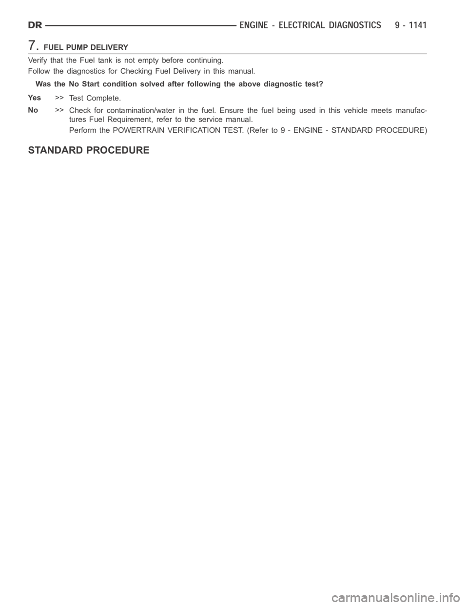 DODGE RAM SRT-10 2006 Service Repair Manual 7.FUEL PUMP DELIVERY
Verify that the Fuel tank is not empty before continuing.
Follow the diagnostics for Checking Fuel Delivery in this manual.
Was the No Start condition solved after following the a DODGE RAM SRT-10 2006 Service Repair Manual 7.FUEL PUMP DELIVERY
Verify that the Fuel tank is not empty before continuing.
Follow the diagnostics for Checking Fuel Delivery in this manual.
Was the No Start condition solved after following the a