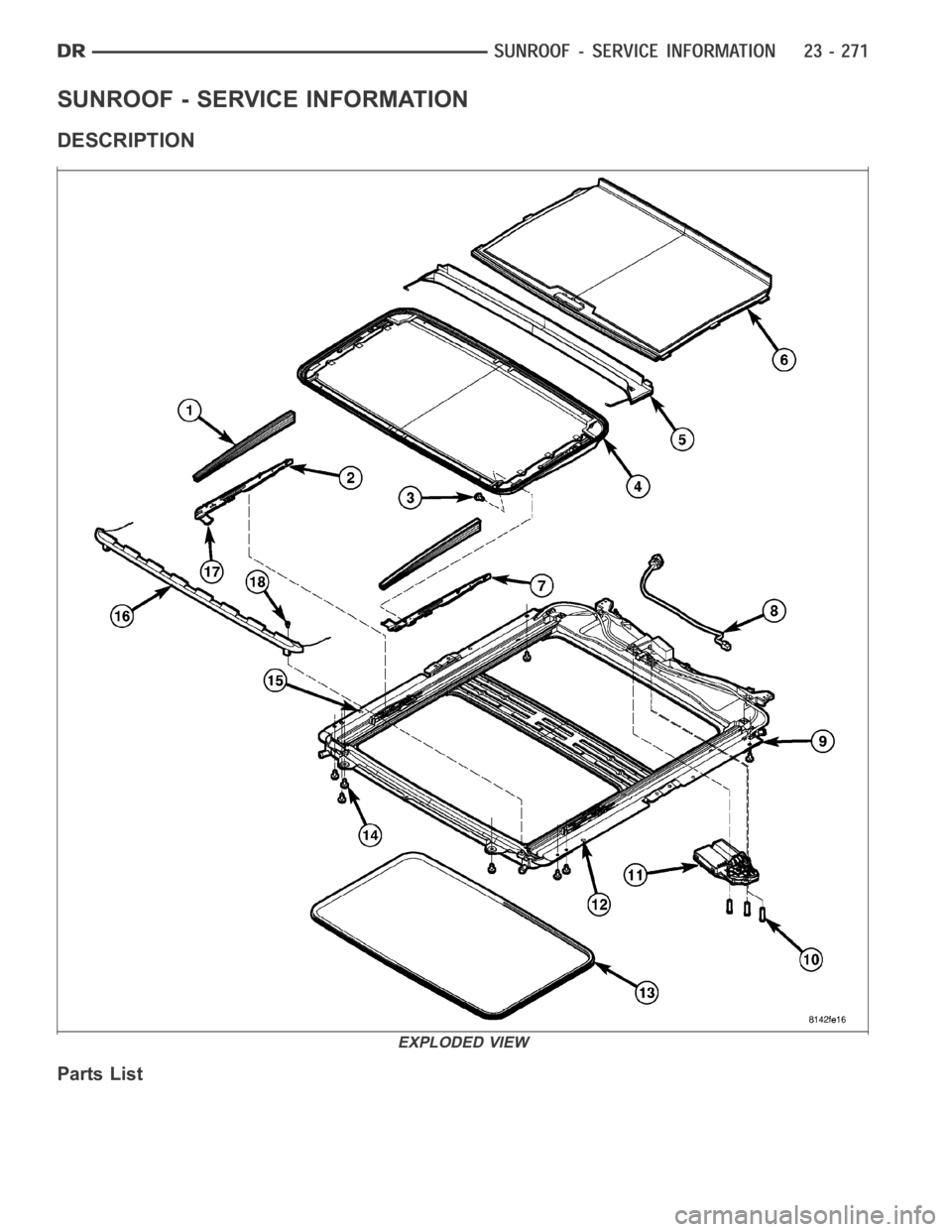 DODGE RAM SRT-10 2006  Service Repair Manual SUNROOF - SERVICE INFORMATION
DESCRIPTION
Parts List
EXPLODED VIEW 