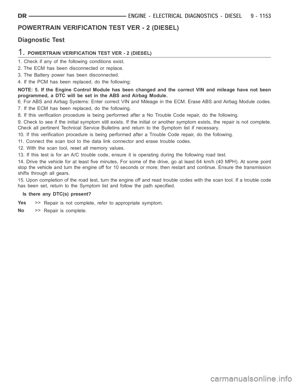 DODGE RAM SRT-10 2006 Service Repair Manual POWERTRAIN VERIFICATION TEST VER - 2 (DIESEL)
Diagnostic Test
1.POWERTRAIN VERIFICATION TEST VER - 2 (DIESEL)
1. Check if any of the following conditions exist.
2. The ECM has been disconnected or rep DODGE RAM SRT-10 2006 Service Repair Manual POWERTRAIN VERIFICATION TEST VER - 2 (DIESEL)
Diagnostic Test
1.POWERTRAIN VERIFICATION TEST VER - 2 (DIESEL)
1. Check if any of the following conditions exist.
2. The ECM has been disconnected or rep