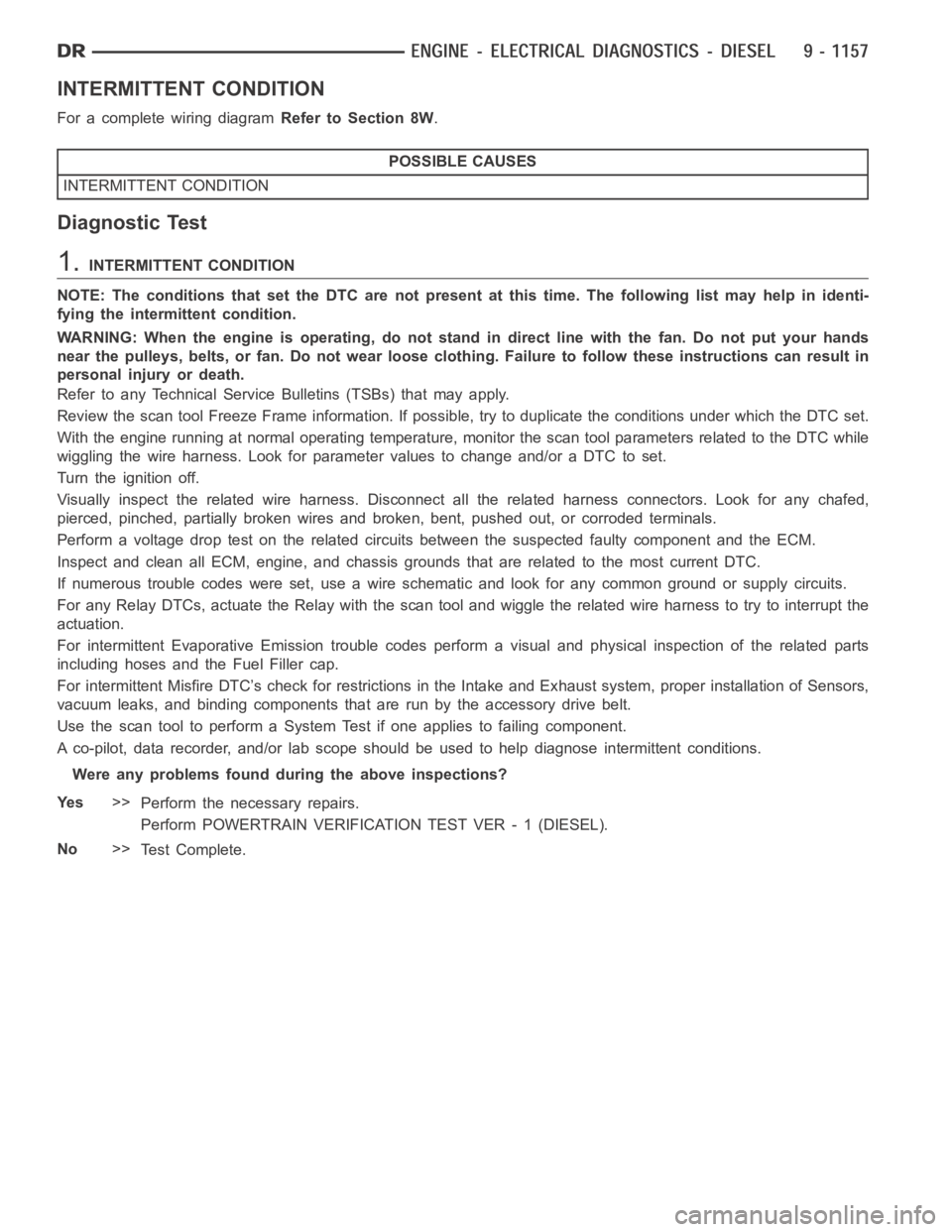 DODGE RAM SRT-10 2006  Service Repair Manual INTERMITTENT CONDITION
For a complete wiring diagramRefer to Section 8W.
POSSIBLE CAUSES
INTERMITTENT CONDITION
Diagnostic Test
1.INTERMITTENT CONDITION
NOTE: The conditions that set the DTC are not p