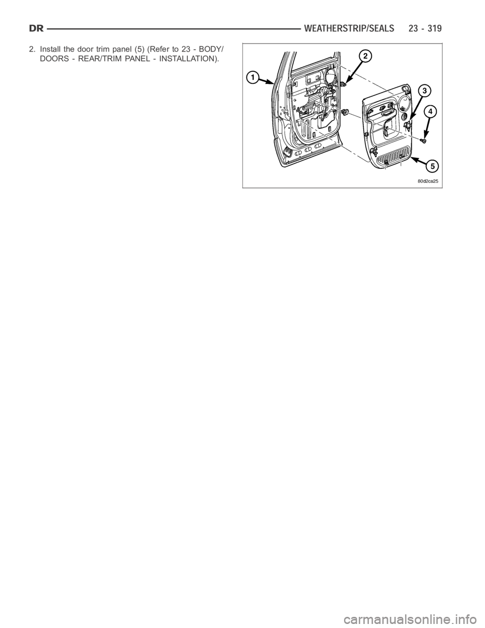 DODGE RAM SRT-10 2006 Service Repair Manual 2. Install the door trim panel (5) (Refer to 23 - BODY/
DOORS - REAR/TRIM PANEL - INSTALLATION). DODGE RAM SRT-10 2006 Service Repair Manual 2. Install the door trim panel (5) (Refer to 23 - BODY/
DOORS - REAR/TRIM PANEL - INSTALLATION).