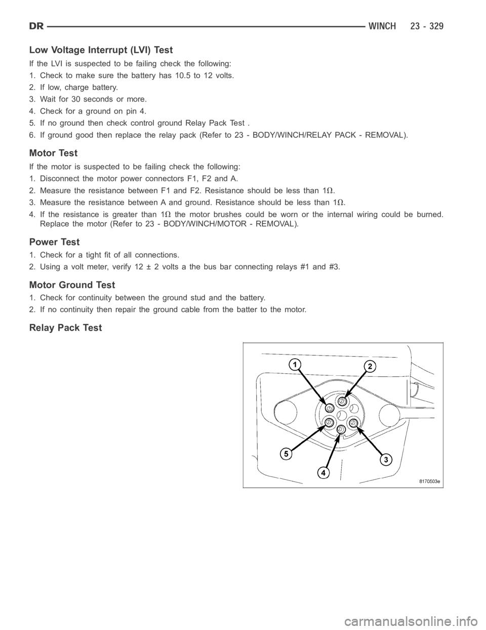 DODGE RAM SRT-10 2006 Service Repair Manual Low Voltage Interrupt (LVI) Test
If the LVI is suspected to be failing check the following:
1. Check to make sure the battery has 10.5 to 12 volts.
2. If low, charge battery.
3. Wait for 30 seconds or DODGE RAM SRT-10 2006 Service Repair Manual Low Voltage Interrupt (LVI) Test
If the LVI is suspected to be failing check the following:
1. Check to make sure the battery has 10.5 to 12 volts.
2. If low, charge battery.
3. Wait for 30 seconds or