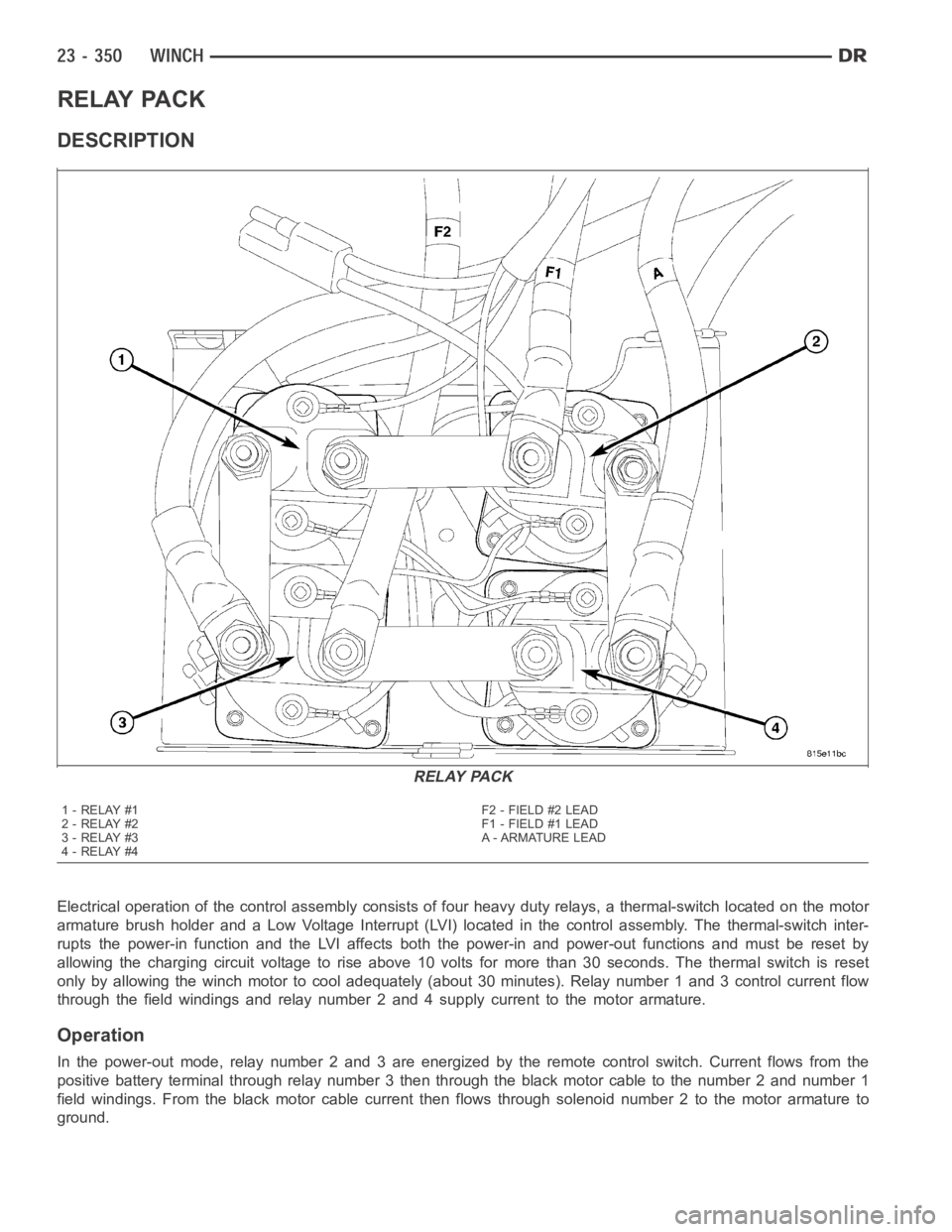 DODGE RAM SRT-10 2006 Service Repair Manual RELAY PACK
DESCRIPTION
Electrical operation of the control assembly consists of four heavy duty relays, a thermal-switch located on the motor
armature brush holder and a Low Voltage Interrupt (LVI) lo DODGE RAM SRT-10 2006 Service Repair Manual RELAY PACK
DESCRIPTION
Electrical operation of the control assembly consists of four heavy duty relays, a thermal-switch located on the motor
armature brush holder and a Low Voltage Interrupt (LVI) lo
