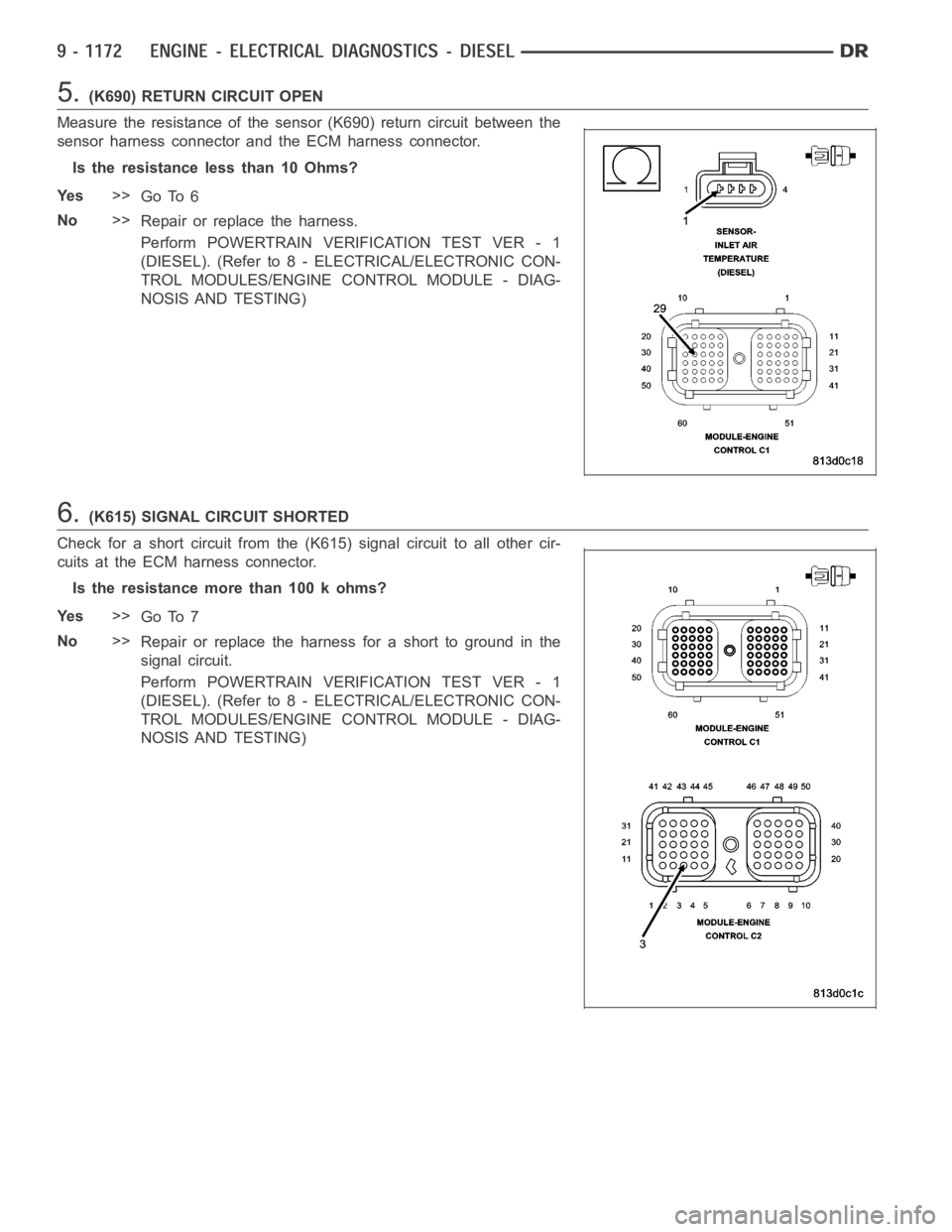 DODGE RAM SRT-10 2006 Service Repair Manual 5.(K690) RETURN CIRCUIT OPEN
Measure the resistance of the sensor (K690) return circuit between the
sensor harness connector and the ECM harness connector.
Is the resistance less than 10 Ohms?
Ye s>>
DODGE RAM SRT-10 2006 Service Repair Manual 5.(K690) RETURN CIRCUIT OPEN
Measure the resistance of the sensor (K690) return circuit between the
sensor harness connector and the ECM harness connector.
Is the resistance less than 10 Ohms?
Ye s>>