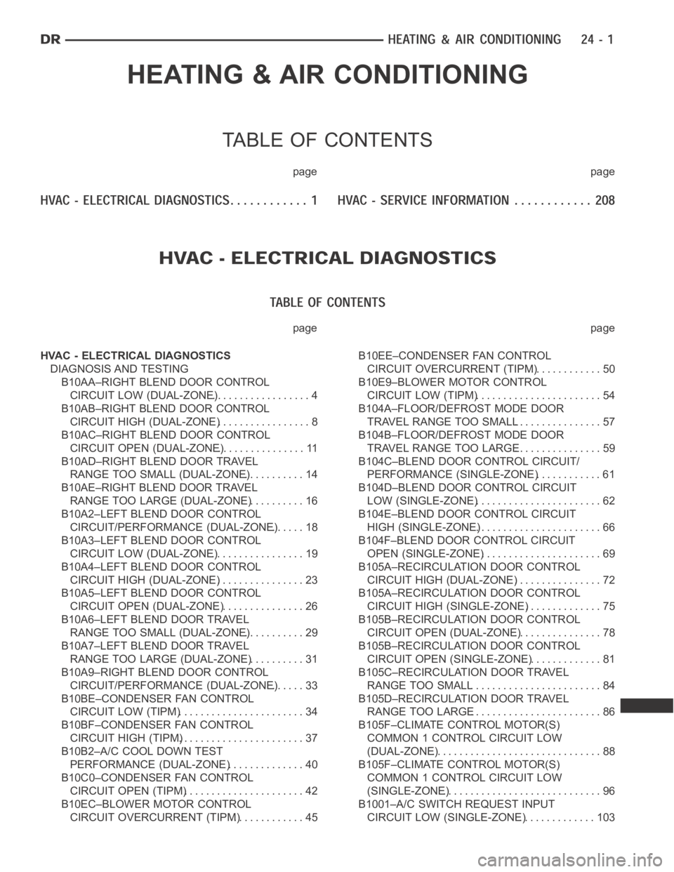DODGE RAM SRT-10 2006  Service Repair Manual HEATING & AIR CONDITIONING
TABLE OF CONTENTS
page page
page page
HVAC - ELECTRICAL DIAGNOSTICS
DIAGNOSIS AND TESTING
B10AA–RIGHT BLEND DOOR CONTROL
CIRCUIT LOW (DUAL-ZONE).................. 4
B10AB
