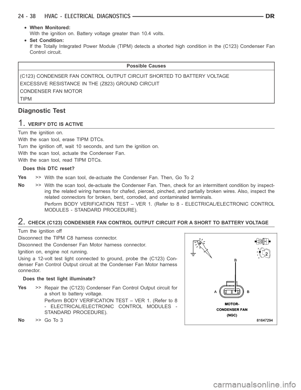 DODGE RAM SRT-10 2006  Service Repair Manual When Monitored:
With the ignition on. Battery voltage greater than 10.4 volts.
Set Condition:
If the Totally Integrated Power Module (TIPM) detects a shorted high condition in the (C123) Condenser Fan
