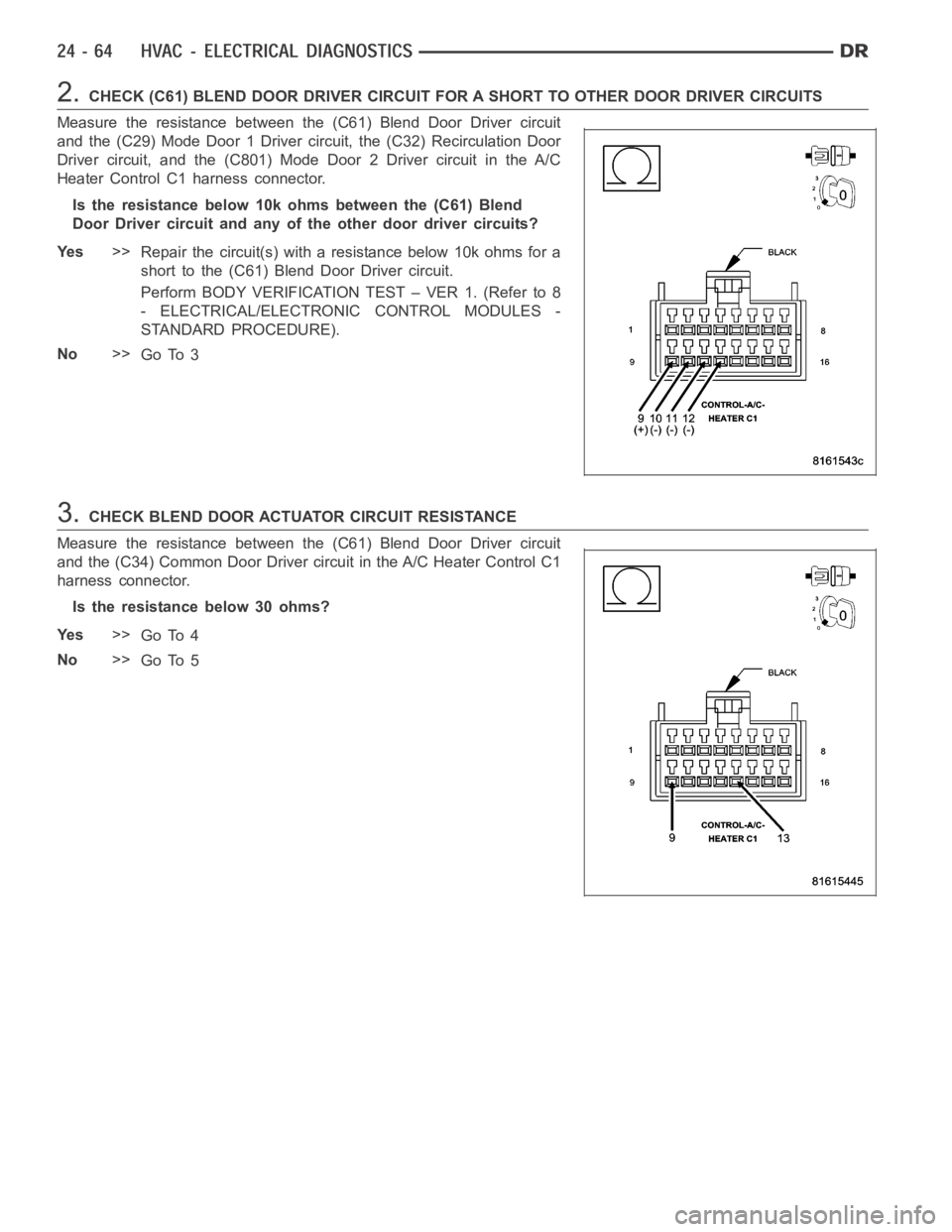 DODGE RAM SRT-10 2006 Service Repair Manual 2.CHECK (C61) BLEND DOOR DRIVER CIRCUIT FOR A SHORT TO OTHER DOOR DRIVER CIRCUITS
Measure the resistance between the (C61) Blend Door Driver circuit
and the (C29) Mode Door 1 Driver circuit, the (C32) DODGE RAM SRT-10 2006 Service Repair Manual 2.CHECK (C61) BLEND DOOR DRIVER CIRCUIT FOR A SHORT TO OTHER DOOR DRIVER CIRCUITS
Measure the resistance between the (C61) Blend Door Driver circuit
and the (C29) Mode Door 1 Driver circuit, the (C32)
