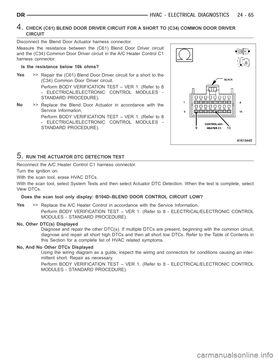DODGE RAM SRT-10 2006 Service Repair Manual 4.CHECK (C61) BLEND DOOR DRIVER CIRCUIT FOR A SHORT TO (C34) COMMON DOOR DRIVER
CIRCUIT
Disconnect the Blend Door Actuator harness connector.
Measure the resistance between the (C61) Blend Door Driver DODGE RAM SRT-10 2006 Service Repair Manual 4.CHECK (C61) BLEND DOOR DRIVER CIRCUIT FOR A SHORT TO (C34) COMMON DOOR DRIVER
CIRCUIT
Disconnect the Blend Door Actuator harness connector.
Measure the resistance between the (C61) Blend Door Driver