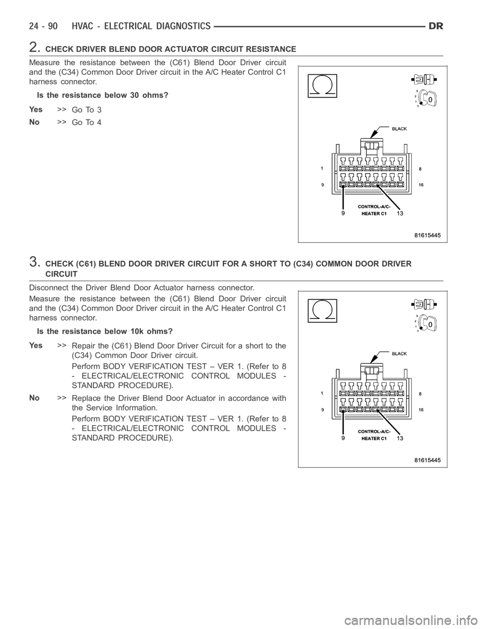 DODGE RAM SRT-10 2006 Service Repair Manual 2.CHECK DRIVER BLEND DOOR ACTUATOR CIRCUIT RESISTANCE
Measure the resistance between the (C61) Blend Door Driver circuit
and the (C34) Common Door Driver circuit in the A/C Heater Control C1
harness c DODGE RAM SRT-10 2006 Service Repair Manual 2.CHECK DRIVER BLEND DOOR ACTUATOR CIRCUIT RESISTANCE
Measure the resistance between the (C61) Blend Door Driver circuit
and the (C34) Common Door Driver circuit in the A/C Heater Control C1
harness c
