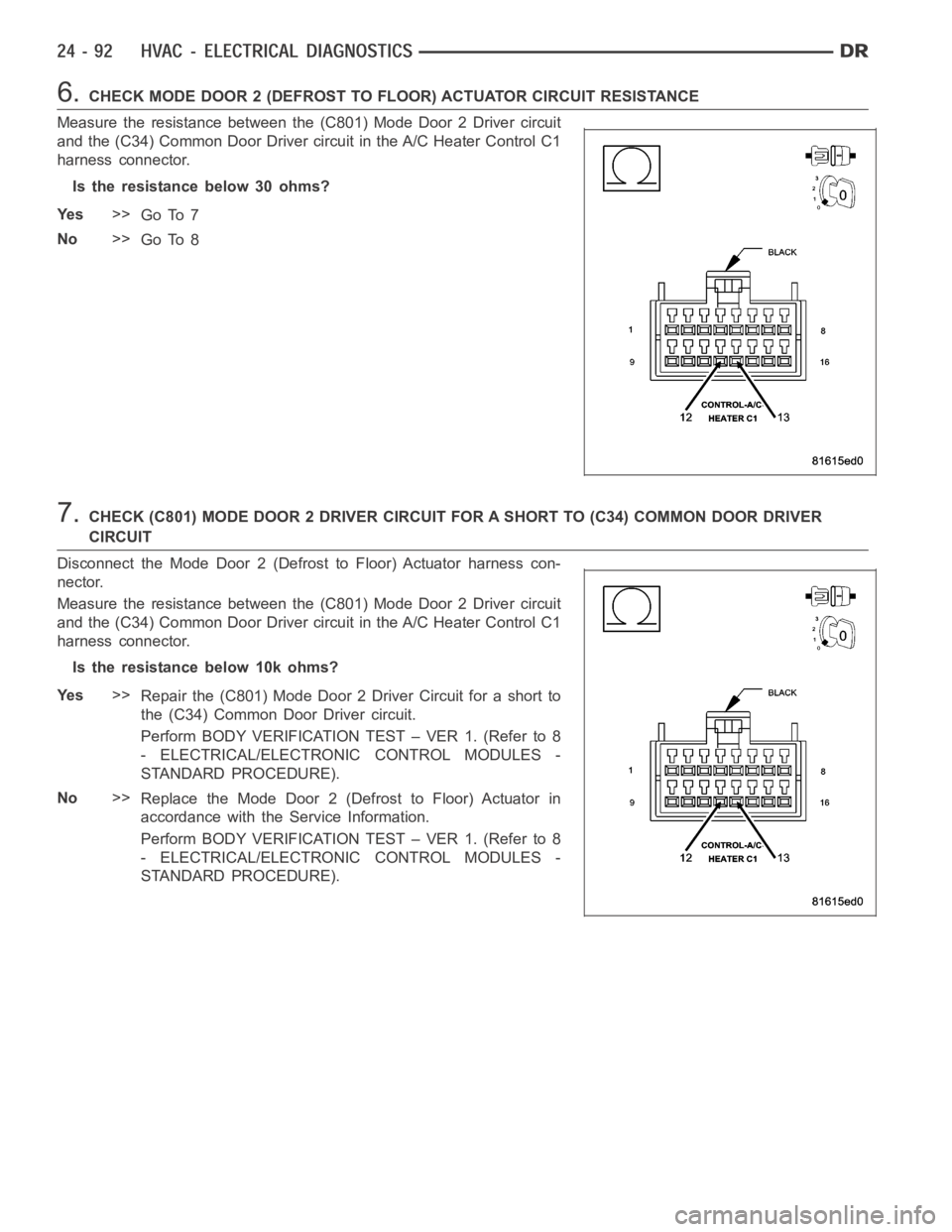 DODGE RAM SRT-10 2006 Service Repair Manual 6.CHECK MODE DOOR 2 (DEFROST TO FLOOR) ACTUATOR CIRCUIT RESISTANCE
Measure the resistance between the (C801) Mode Door 2 Driver circuit
and the (C34) Common Door Driver circuit in the A/C Heater Contr DODGE RAM SRT-10 2006 Service Repair Manual 6.CHECK MODE DOOR 2 (DEFROST TO FLOOR) ACTUATOR CIRCUIT RESISTANCE
Measure the resistance between the (C801) Mode Door 2 Driver circuit
and the (C34) Common Door Driver circuit in the A/C Heater Contr