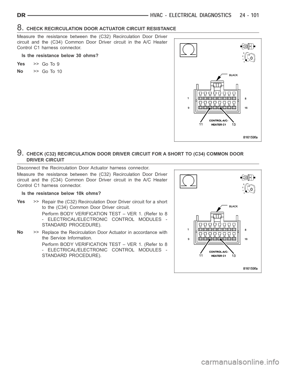 DODGE RAM SRT-10 2006 Service Repair Manual 8.CHECK RECIRCULATION DOOR ACTUATOR CIRCUIT RESISTANCE
Measure the resistance between the (C32) Recirculation Door Driver
circuit and the (C34) Common Door Driver circuit in the A/C Heater
Control C1 DODGE RAM SRT-10 2006 Service Repair Manual 8.CHECK RECIRCULATION DOOR ACTUATOR CIRCUIT RESISTANCE
Measure the resistance between the (C32) Recirculation Door Driver
circuit and the (C34) Common Door Driver circuit in the A/C Heater
Control C1