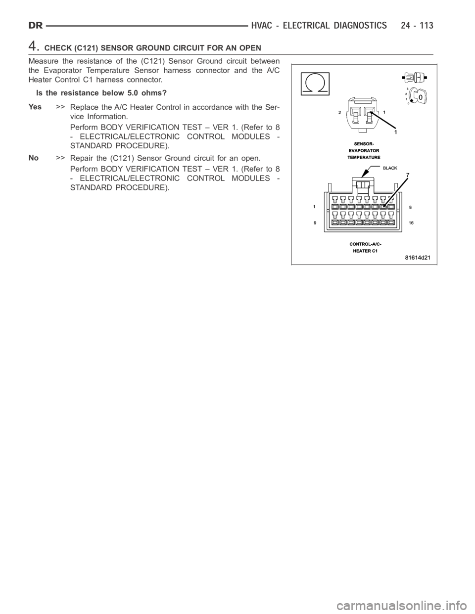DODGE RAM SRT-10 2006 Service Repair Manual 4.CHECK (C121) SENSOR GROUND CIRCUIT FOR AN OPEN
Measure the resistance of the (C121) Sensor Ground circuit between
the Evaporator Temperature Sensor harness connector and the A/C
Heater Control C1 ha DODGE RAM SRT-10 2006 Service Repair Manual 4.CHECK (C121) SENSOR GROUND CIRCUIT FOR AN OPEN
Measure the resistance of the (C121) Sensor Ground circuit between
the Evaporator Temperature Sensor harness connector and the A/C
Heater Control C1 ha
