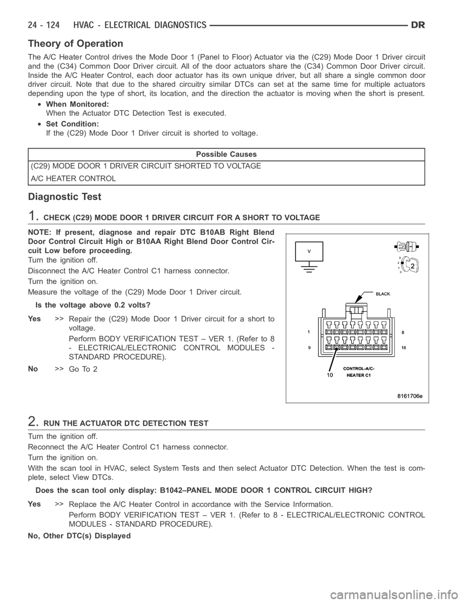 DODGE RAM SRT-10 2006 Service Repair Manual Theory of Operation
The A/C Heater Control drives the Mode Door 1 (Panel to Floor) Actuator via the (C29) Mode Door 1 Driver circuit
and the (C34) Common Door Driver circuit. All of the door actuators DODGE RAM SRT-10 2006 Service Repair Manual Theory of Operation
The A/C Heater Control drives the Mode Door 1 (Panel to Floor) Actuator via the (C29) Mode Door 1 Driver circuit
and the (C34) Common Door Driver circuit. All of the door actuators