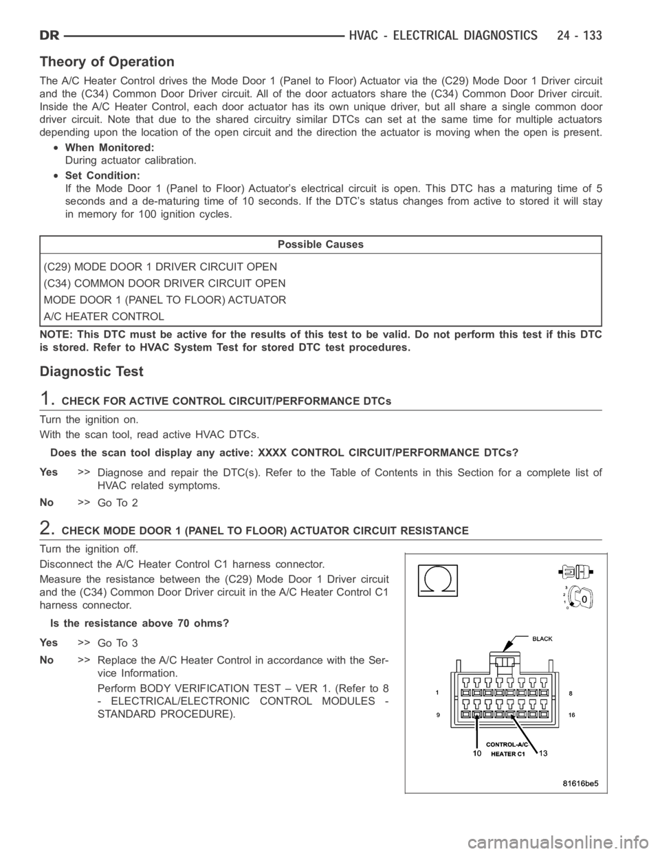DODGE RAM SRT-10 2006 Service Repair Manual Theory of Operation
The A/C Heater Control drives the Mode Door 1 (Panel to Floor) Actuator via the (C29) Mode Door 1 Driver circuit
and the (C34) Common Door Driver circuit. All of the door actuators DODGE RAM SRT-10 2006 Service Repair Manual Theory of Operation
The A/C Heater Control drives the Mode Door 1 (Panel to Floor) Actuator via the (C29) Mode Door 1 Driver circuit
and the (C34) Common Door Driver circuit. All of the door actuators