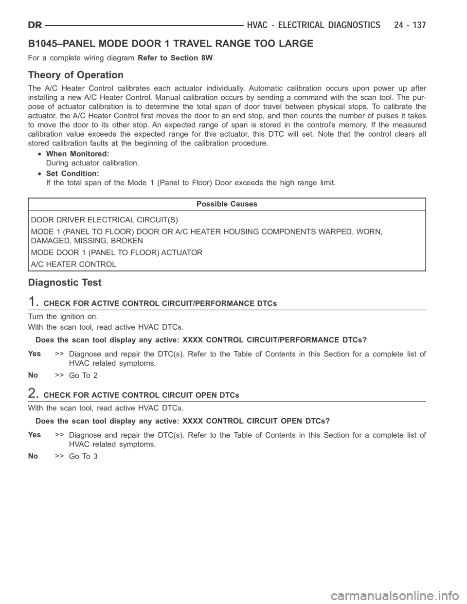 DODGE RAM SRT-10 2006 Service Repair Manual B1045–PANEL MODE DOOR 1 TRAVEL RANGE TOO LARGE
For a complete wiring diagramRefer to Section 8W.
Theory of Operation
The A/C Heater Control calibrates each actuator individually. Automaticcalibratio DODGE RAM SRT-10 2006 Service Repair Manual B1045–PANEL MODE DOOR 1 TRAVEL RANGE TOO LARGE
For a complete wiring diagramRefer to Section 8W.
Theory of Operation
The A/C Heater Control calibrates each actuator individually. Automaticcalibratio