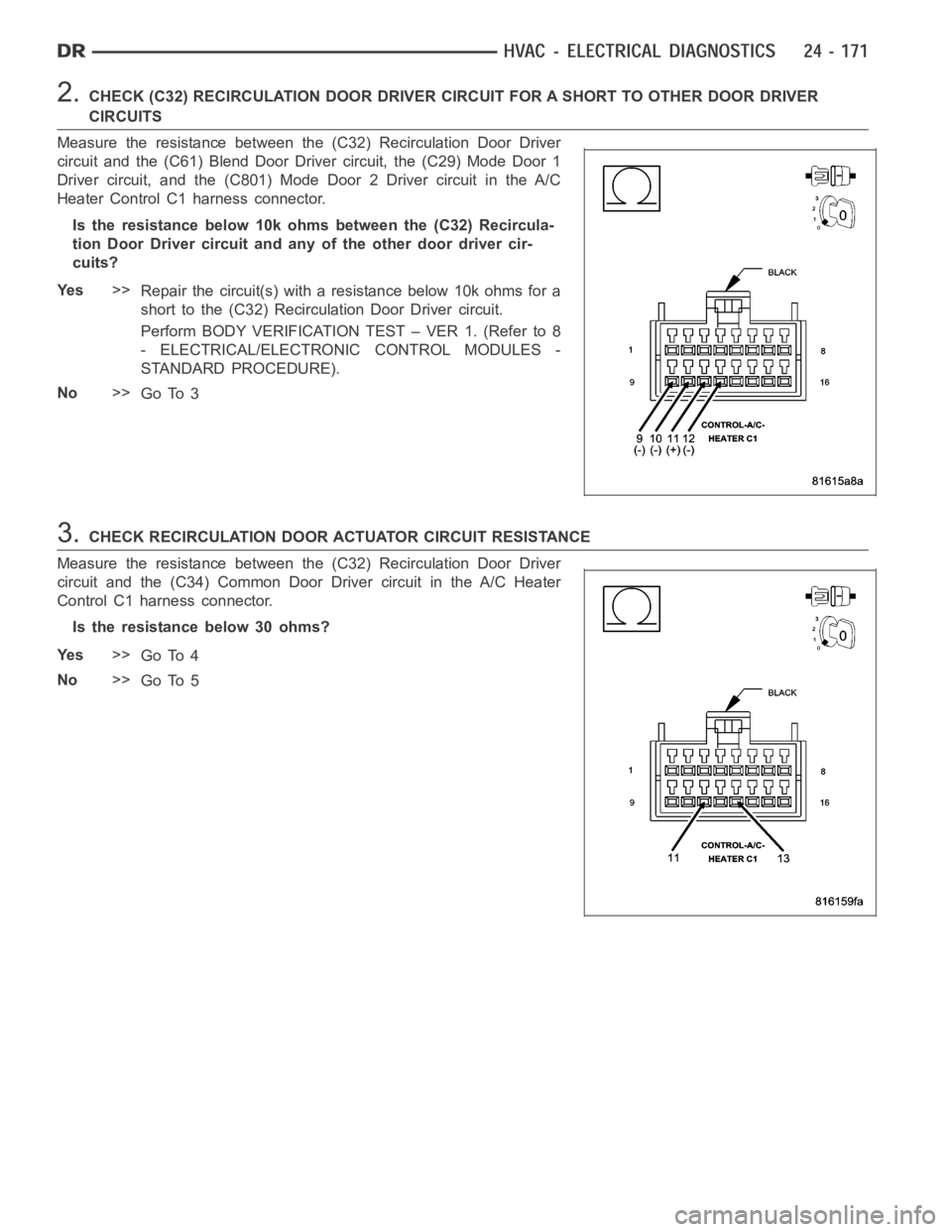 DODGE RAM SRT-10 2006 Service Repair Manual 2.CHECK (C32) RECIRCULATION DOOR DRIVER CIRCUIT FOR A SHORT TO OTHER DOOR DRIVER
CIRCUITS
Measure the resistance between the (C32) Recirculation Door Driver
circuit and the (C61) Blend Door Driver cir DODGE RAM SRT-10 2006 Service Repair Manual 2.CHECK (C32) RECIRCULATION DOOR DRIVER CIRCUIT FOR A SHORT TO OTHER DOOR DRIVER
CIRCUITS
Measure the resistance between the (C32) Recirculation Door Driver
circuit and the (C61) Blend Door Driver cir