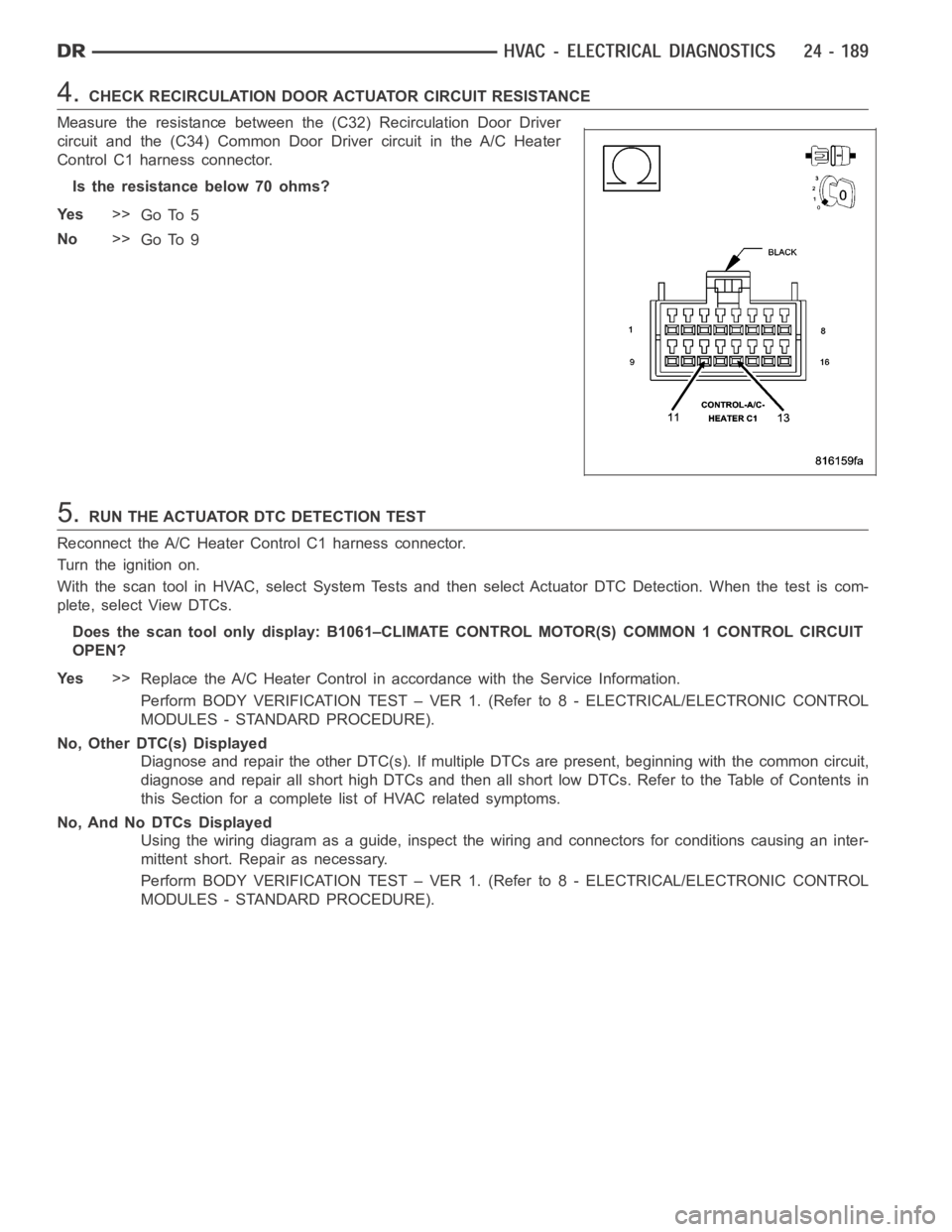 DODGE RAM SRT-10 2006 Service Repair Manual 4.CHECK RECIRCULATION DOOR ACTUATOR CIRCUIT RESISTANCE
Measure the resistance between the (C32) Recirculation Door Driver
circuit and the (C34) Common Door Driver circuit in the A/C Heater
Control C1 DODGE RAM SRT-10 2006 Service Repair Manual 4.CHECK RECIRCULATION DOOR ACTUATOR CIRCUIT RESISTANCE
Measure the resistance between the (C32) Recirculation Door Driver
circuit and the (C34) Common Door Driver circuit in the A/C Heater
Control C1