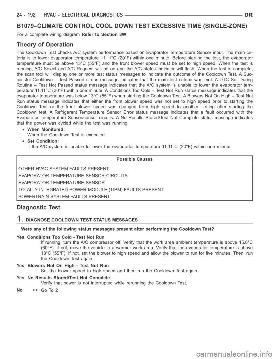 DODGE RAM SRT-10 2006 Service Repair Manual B1079–CLIMATE CONTROL COOL DOWN TEST EXCESSIVE TIME (SINGLE-ZONE)
For a complete wiring diagramRefer to Section 8W.
Theory of Operation
The Cooldown Test checks A/C system performance based on Evapo DODGE RAM SRT-10 2006 Service Repair Manual B1079–CLIMATE CONTROL COOL DOWN TEST EXCESSIVE TIME (SINGLE-ZONE)
For a complete wiring diagramRefer to Section 8W.
Theory of Operation
The Cooldown Test checks A/C system performance based on Evapo