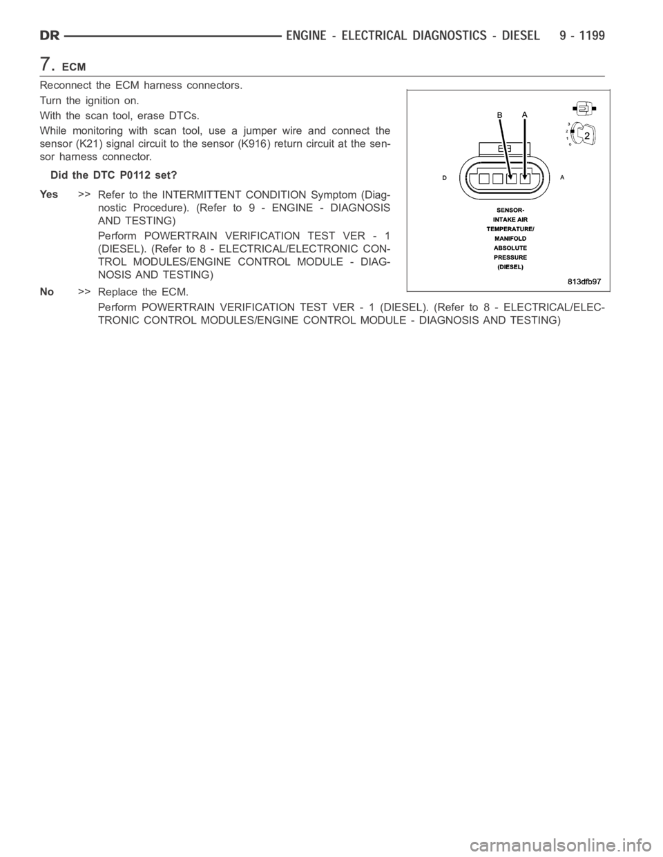 DODGE RAM SRT-10 2006 Service Repair Manual 7.ECM
Reconnect the ECM harness connectors.
Turn the ignition on.
With the scan tool, erase DTCs.
While monitoring with scan tool, use a jumper wire and connect the
sensor (K21) signal circuit to the DODGE RAM SRT-10 2006 Service Repair Manual 7.ECM
Reconnect the ECM harness connectors.
Turn the ignition on.
With the scan tool, erase DTCs.
While monitoring with scan tool, use a jumper wire and connect the
sensor (K21) signal circuit to the