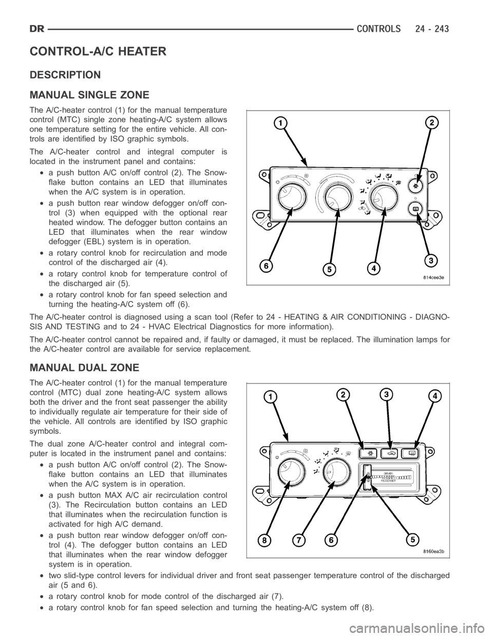 DODGE RAM SRT-10 2006  Service Repair Manual CONTROL-A/C HEATER
DESCRIPTION
MANUAL SINGLE ZONE
The A/C-heater control (1) for the manual temperature
control (MTC) single zoneheating-A/C system allows
one temperature setting for the entire vehicl