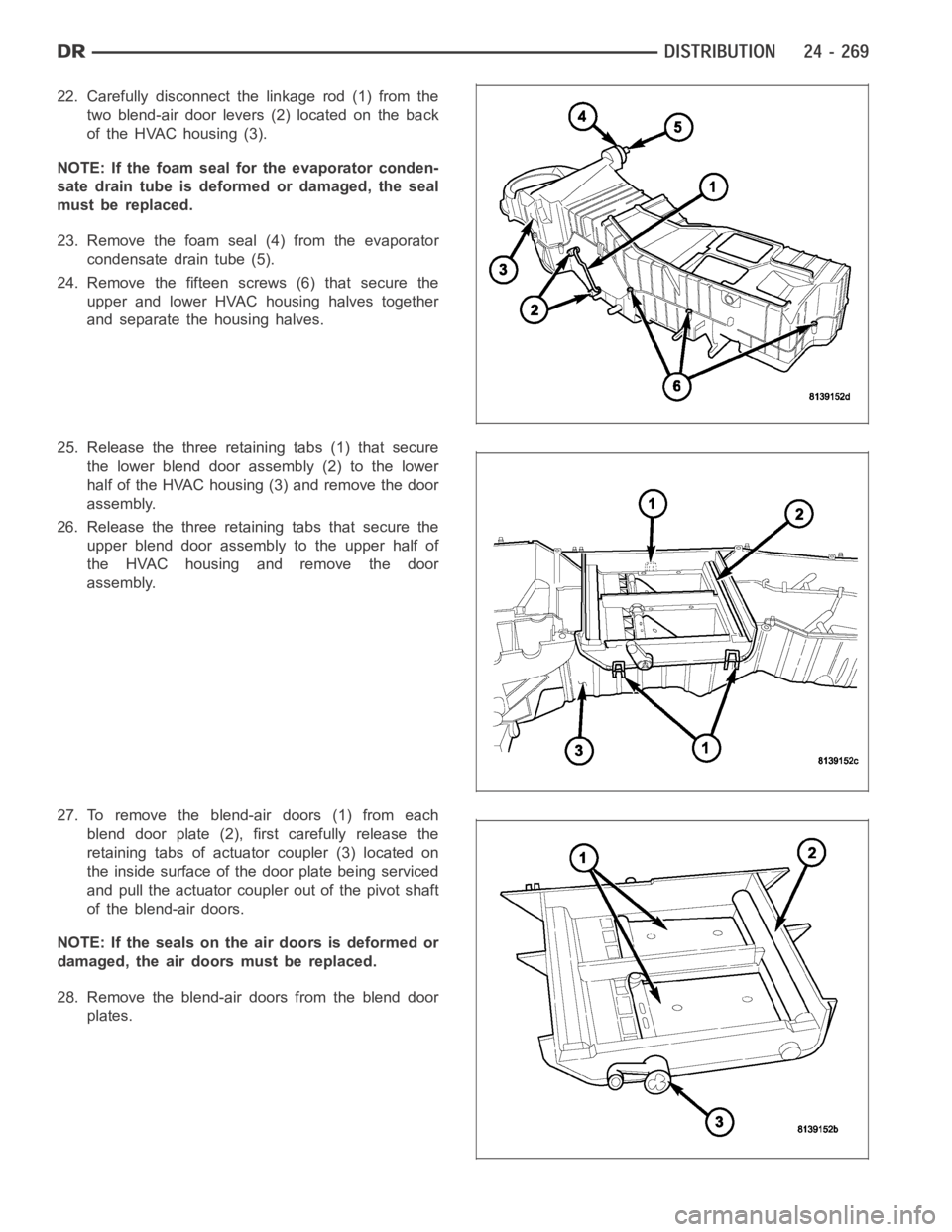 DODGE RAM SRT-10 2006  Service Repair Manual 22. Carefully disconnect the linkage rod (1) from the
two blend-air door levers (2) located on the back
of the HVAC housing (3).
NOTE: If the foam seal for the evaporator conden-
sate drain tube is de