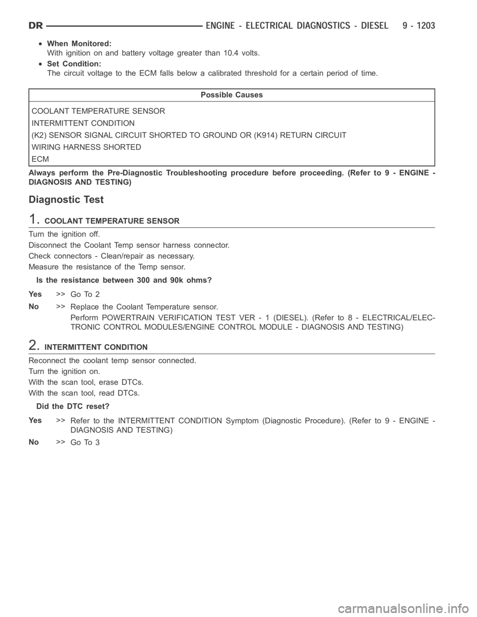 DODGE RAM SRT-10 2006 Service Repair Manual When Monitored:
With ignition on and battery voltage greater than 10.4 volts.
Set Condition:
The circuit voltage to the ECM falls below a calibrated threshold for a certain period of time.
Possible Ca DODGE RAM SRT-10 2006 Service Repair Manual When Monitored:
With ignition on and battery voltage greater than 10.4 volts.
Set Condition:
The circuit voltage to the ECM falls below a calibrated threshold for a certain period of time.
Possible Ca