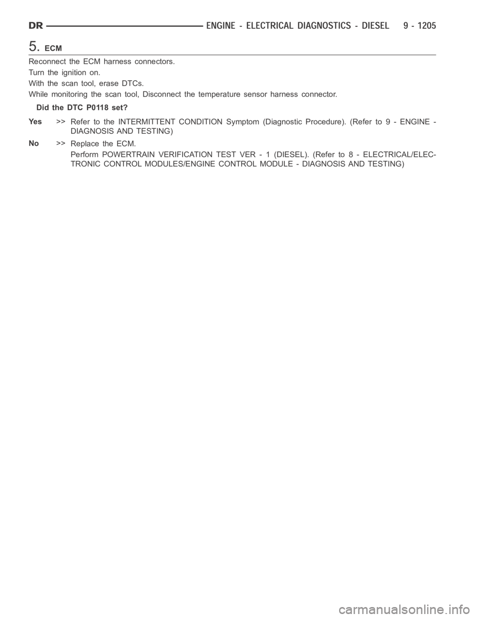 DODGE RAM SRT-10 2006 Service Repair Manual 5.ECM
Reconnect the ECM harness connectors.
Turn the ignition on.
With the scan tool, erase DTCs.
While monitoring the scan tool, Disconnect the temperature sensor harness connector.
Did the DTC P0118 DODGE RAM SRT-10 2006 Service Repair Manual 5.ECM
Reconnect the ECM harness connectors.
Turn the ignition on.
With the scan tool, erase DTCs.
While monitoring the scan tool, Disconnect the temperature sensor harness connector.
Did the DTC P0118
