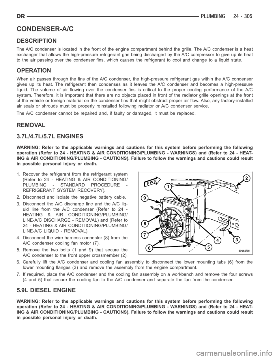 DODGE RAM SRT-10 2006 Service Repair Manual CONDENSER-A/C
DESCRIPTION
The A/C condenser is located in the front of the engine compartment behind the grille. The A/C condenser is a heat
exchanger that allows the high-pressure refrigerant gas bei DODGE RAM SRT-10 2006 Service Repair Manual CONDENSER-A/C
DESCRIPTION
The A/C condenser is located in the front of the engine compartment behind the grille. The A/C condenser is a heat
exchanger that allows the high-pressure refrigerant gas bei