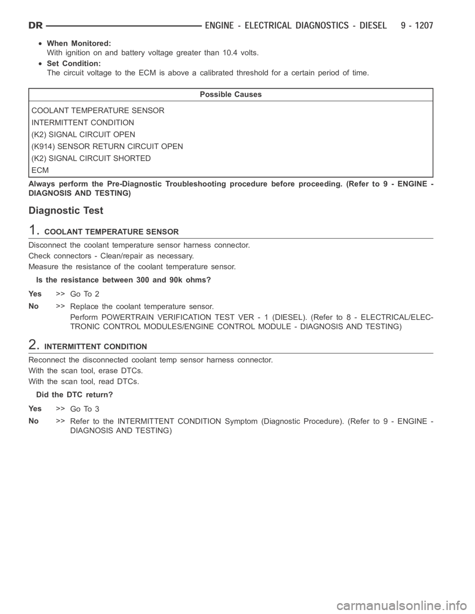 DODGE RAM SRT-10 2006 Service Repair Manual When Monitored:
With ignition on and battery voltage greater than 10.4 volts.
Set Condition:
The circuit voltage to the ECM is above a calibrated threshold for a certainperiod of time.
Possible Causes DODGE RAM SRT-10 2006 Service Repair Manual When Monitored:
With ignition on and battery voltage greater than 10.4 volts.
Set Condition:
The circuit voltage to the ECM is above a calibrated threshold for a certainperiod of time.
Possible Causes