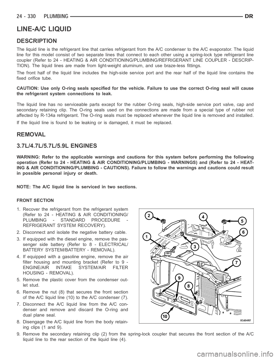 DODGE RAM SRT-10 2006  Service Repair Manual LINE-A/C LIQUID
DESCRIPTION
The liquid line is the refrigerant line that carries refrigerant from the A/C condenser to the A/C evaporator. The liquid
line for this model consist of two separate lines 